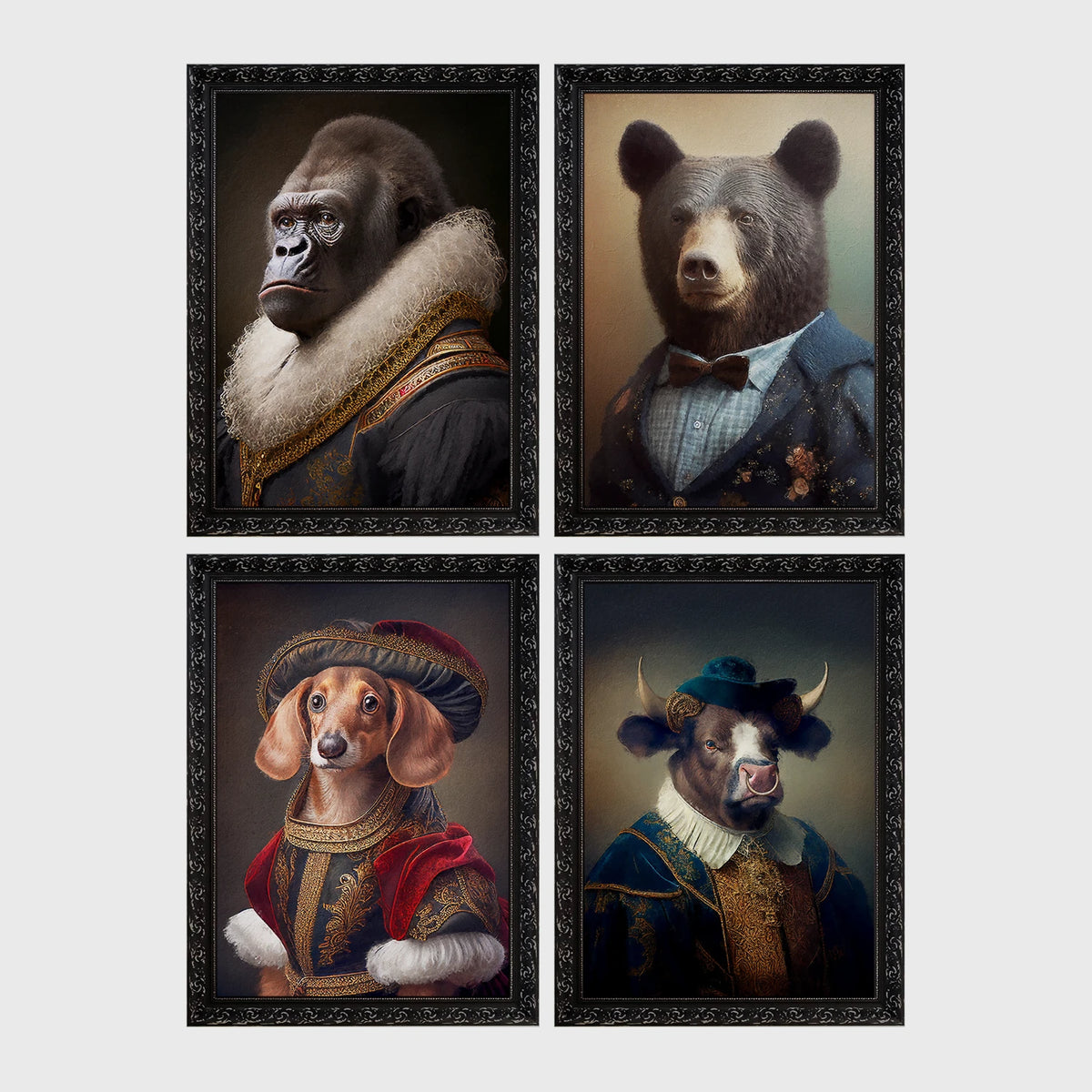 Set of 4 framed prints, animals in Renaissance-style noble dress: a gorilla in a Renaissance fur-collared robe; a brown bear in a bow-tie suit; a dachshund in noble red velvet dress and hat; and a bull in a blue noble collar — unframed