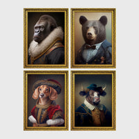 Set of 4 framed prints, animals in Renaissance-style noble dress: a gorilla in a Renaissance fur-collared robe; a brown bear in a bow-tie suit; a dachshund in noble red velvet dress and hat; and a bull in a blue noble collar — unframed