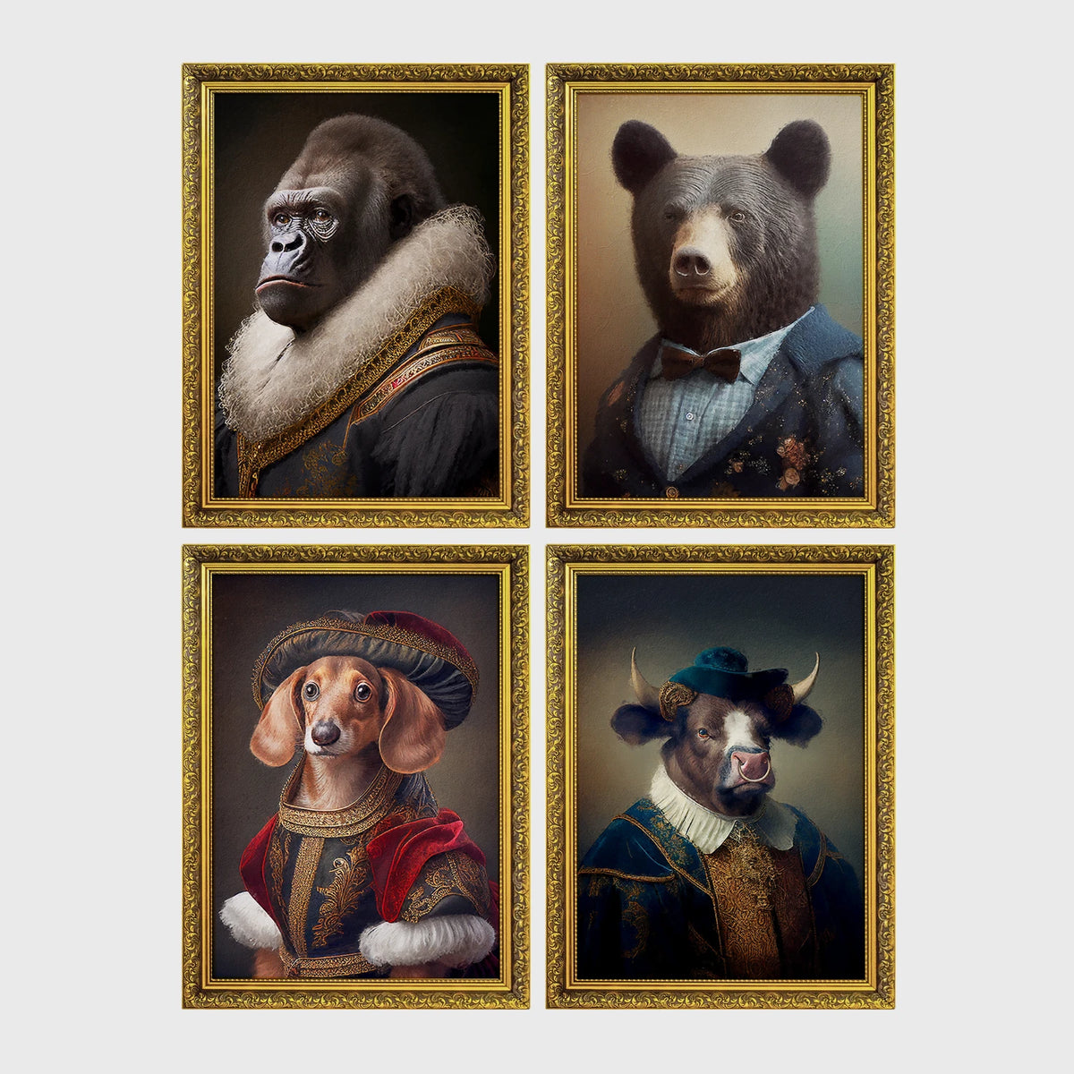 Set of 4 framed prints, animals in Renaissance-style noble dress: a gorilla in a Renaissance fur-collared robe; a brown bear in a bow-tie suit; a dachshund in noble red velvet dress and hat; and a bull in a blue noble collar — unframed