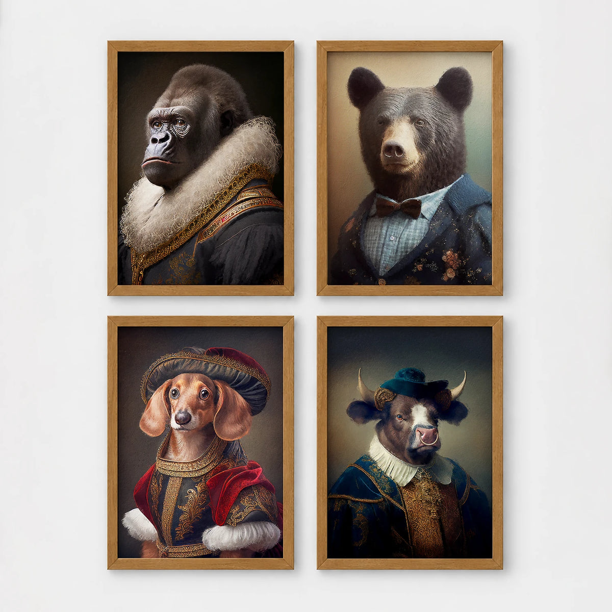 Set of 4 framed prints, animals in Renaissance-style noble dress: a gorilla in a Renaissance fur-collared robe; a brown bear in a bow-tie suit; a dachshund in noble red velvet dress and hat; and a bull in a blue noble collar — unframed