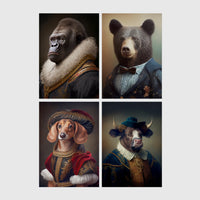 Set of 4 framed prints, animals in Renaissance-style noble dress: a gorilla in a Renaissance fur-collared robe; a brown bear in a bow-tie suit; a dachshund in noble red velvet dress and hat; and a bull in a blue noble collar — unframed