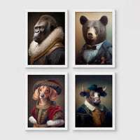 Set of 4 framed prints, animals in Renaissance-style noble dress: a gorilla in a Renaissance fur-collared robe; a brown bear in a bow-tie suit; a dachshund in noble red velvet dress and hat; and a bull in a blue noble collar — unframed