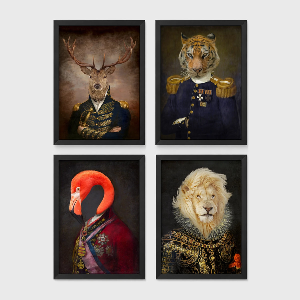 Set of 4 framed prints, animals in military/noble dress: a stag in a military-style uniform; a tiger in a military uniform with medals; a flamingo in a royal red robe; and a lion in ornate armour with a ruffed mane — unframed