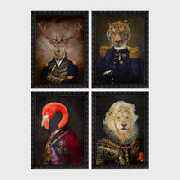Set of 4 framed prints, animals in military/noble dress: a stag in a military-style uniform; a tiger in a military uniform with medals; a flamingo in a royal red robe; and a lion in ornate armour with a ruffed mane — unframed