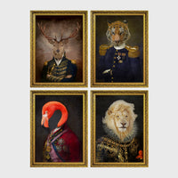Set of 4 framed prints, animals in military/noble dress: a stag in a military-style uniform; a tiger in a military uniform with medals; a flamingo in a royal red robe; and a lion in ornate armour with a ruffed mane — unframed