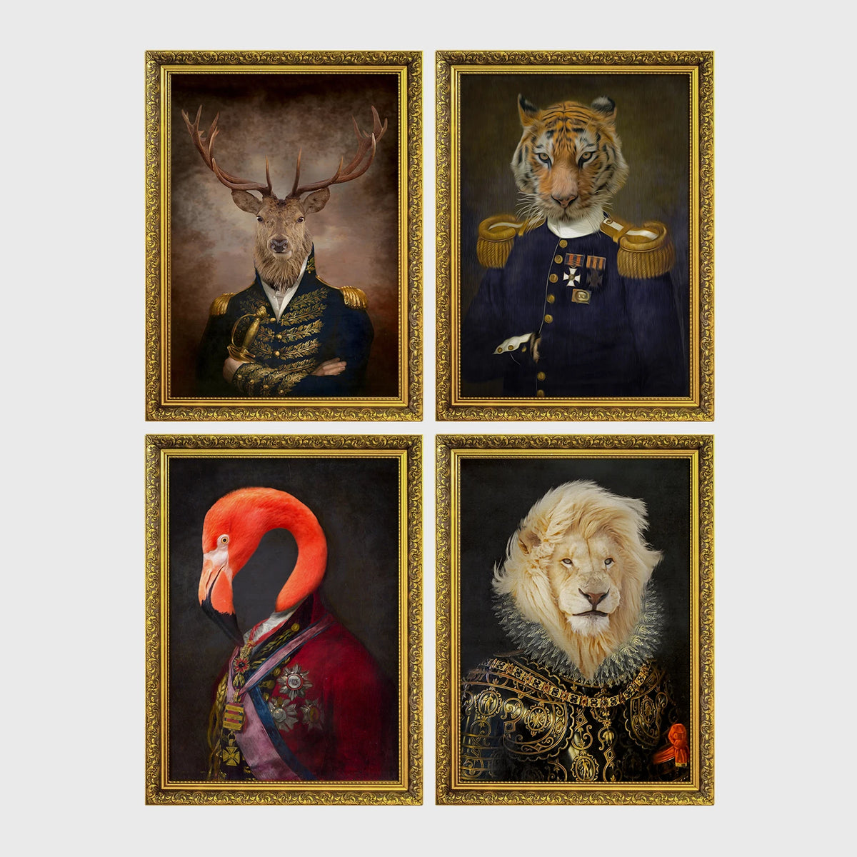 Set of 4 framed prints, animals in military/noble dress: a stag in a military-style uniform; a tiger in a military uniform with medals; a flamingo in a royal red robe; and a lion in ornate armour with a ruffed mane — unframed