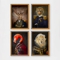 Set of 4 framed prints, animals in military/noble dress: a stag in a military-style uniform; a tiger in a military uniform with medals; a flamingo in a royal red robe; and a lion in ornate armour with a ruffed mane — unframed