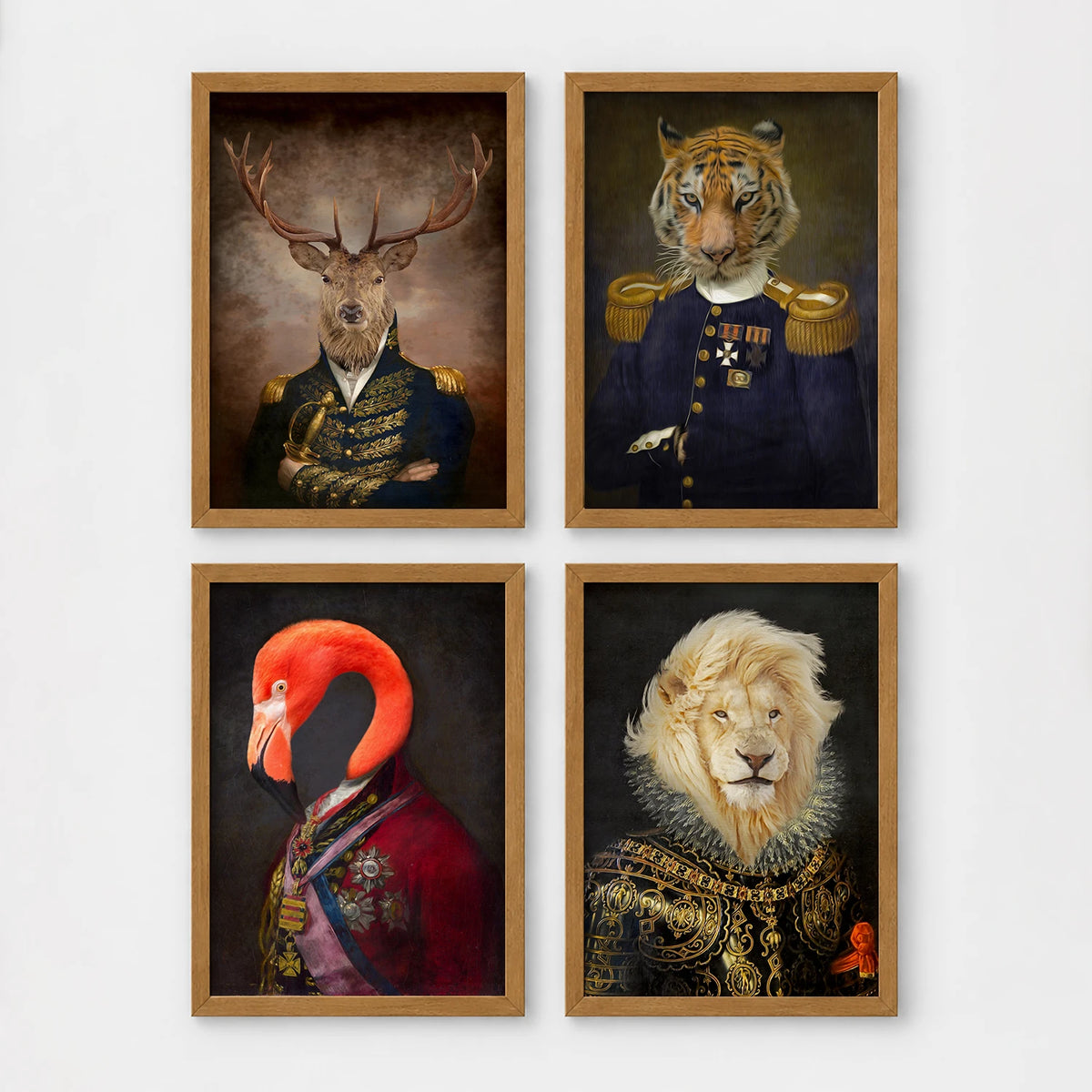 Set of 4 framed prints, animals in military/noble dress: a stag in a military-style uniform; a tiger in a military uniform with medals; a flamingo in a royal red robe; and a lion in ornate armour with a ruffed mane — unframed