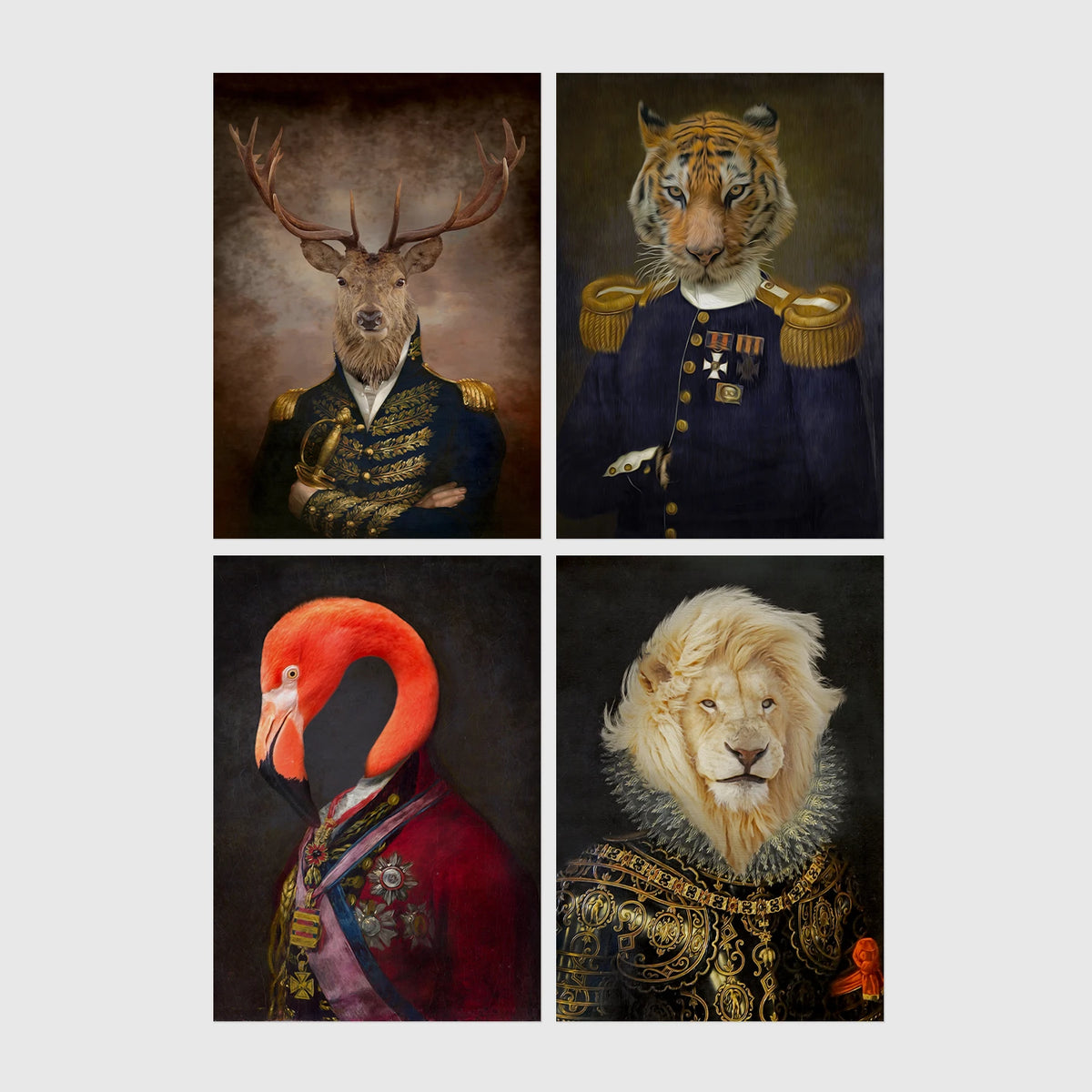 Set of 4 framed prints, animals in military/noble dress: a stag in a military-style uniform; a tiger in a military uniform with medals; a flamingo in a royal red robe; and a lion in ornate armour with a ruffed mane — unframed