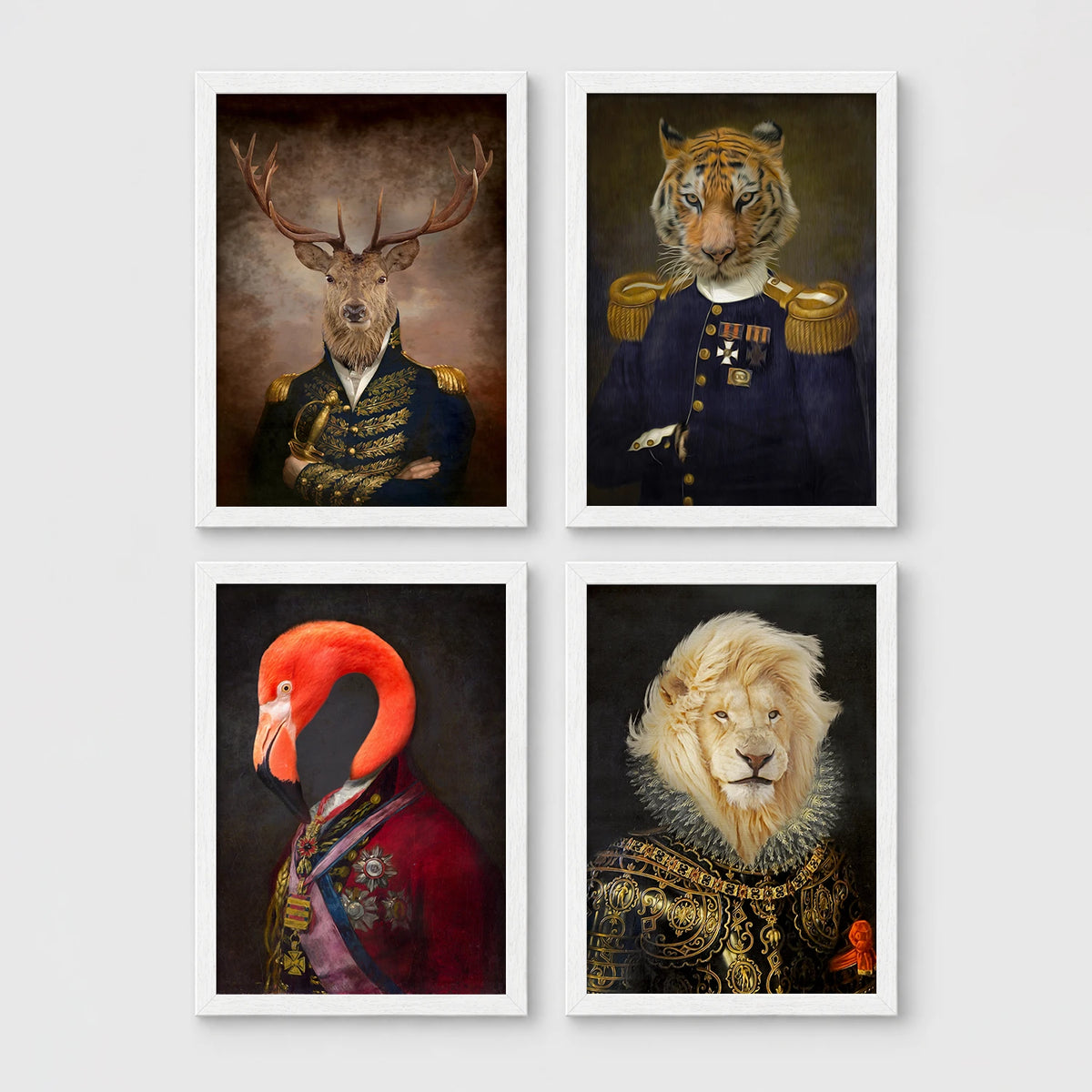 Set of 4 framed prints, animals in military/noble dress: a stag in a military-style uniform; a tiger in a military uniform with medals; a flamingo in a royal red robe; and a lion in ornate armour with a ruffed mane — unframed