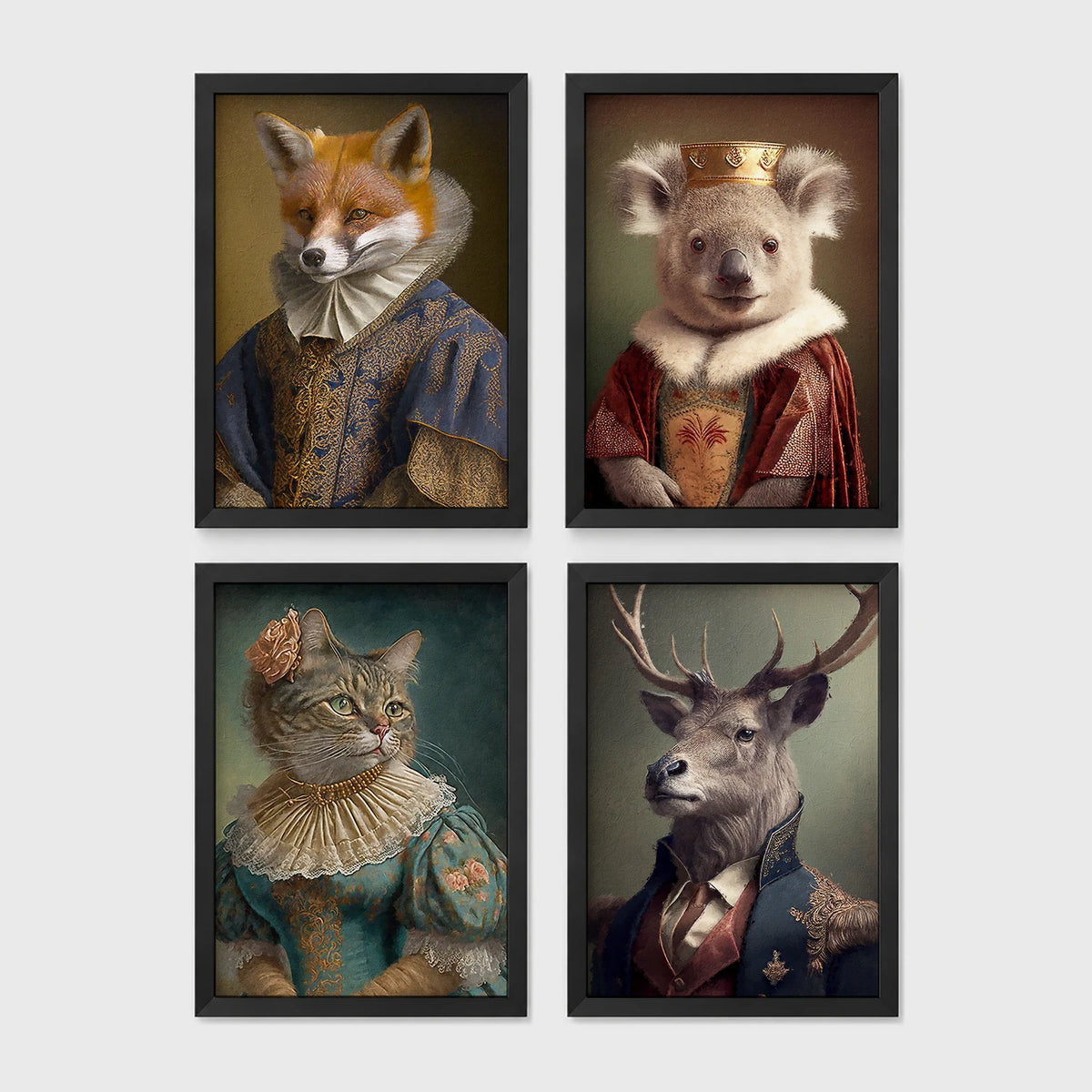 Set of 4 framed prints, animals in period noble dress: a fox in an Elizabethan ruff collar; a koala wearing a crown and royal robe; a tabby cat in a Renaissance lady's dress; and a stag in a blue military uniform — unframed