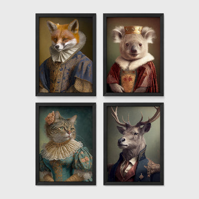 Set of 4 framed prints, animals in period noble dress: a fox in an Elizabethan ruff collar; a koala wearing a crown and royal robe; a tabby cat in a Renaissance lady's dress; and a stag in a blue military uniform — unframed