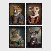 Set of 4 framed prints, animals in period noble dress: a fox in an Elizabethan ruff collar; a koala wearing a crown and royal robe; a tabby cat in a Renaissance lady's dress; and a stag in a blue military uniform — unframed