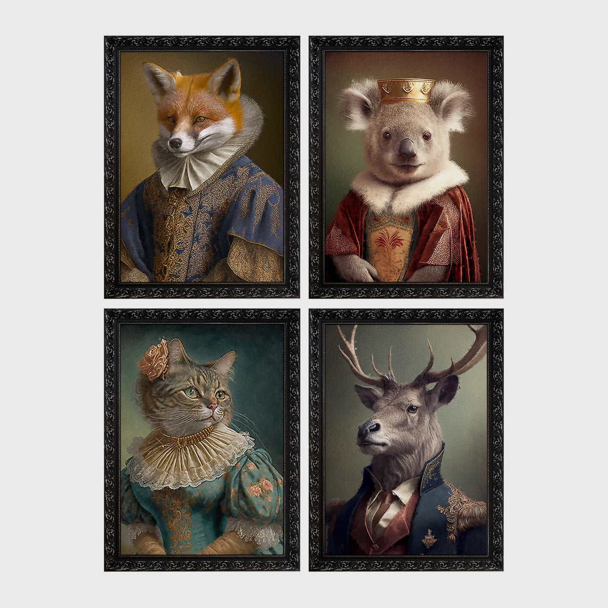 Set of 4 framed prints, animals in period noble dress: a fox in an Elizabethan ruff collar; a koala wearing a crown and royal robe; a tabby cat in a Renaissance lady's dress; and a stag in a blue military uniform — unframed