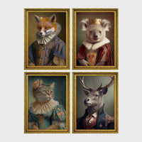 Set of 4 framed prints, animals in period noble dress: a fox in an Elizabethan ruff collar; a koala wearing a crown and royal robe; a tabby cat in a Renaissance lady's dress; and a stag in a blue military uniform — unframed