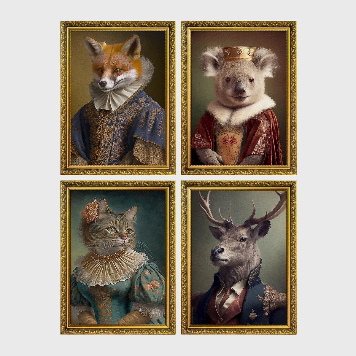 Set of 4 framed prints, animals in period noble dress: a fox in an Elizabethan ruff collar; a koala wearing a crown and royal robe; a tabby cat in a Renaissance lady's dress; and a stag in a blue military uniform — unframed
