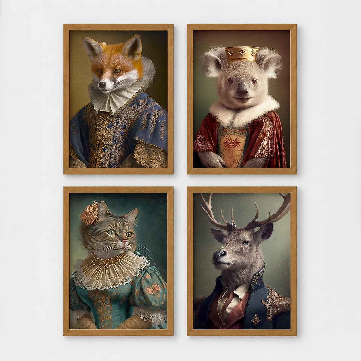 Set of 4 framed prints, animals in period noble dress: a fox in an Elizabethan ruff collar; a koala wearing a crown and royal robe; a tabby cat in a Renaissance lady's dress; and a stag in a blue military uniform — unframed