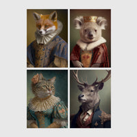 Set of 4 framed prints, animals in period noble dress: a fox in an Elizabethan ruff collar; a koala wearing a crown and royal robe; a tabby cat in a Renaissance lady's dress; and a stag in a blue military uniform — unframed