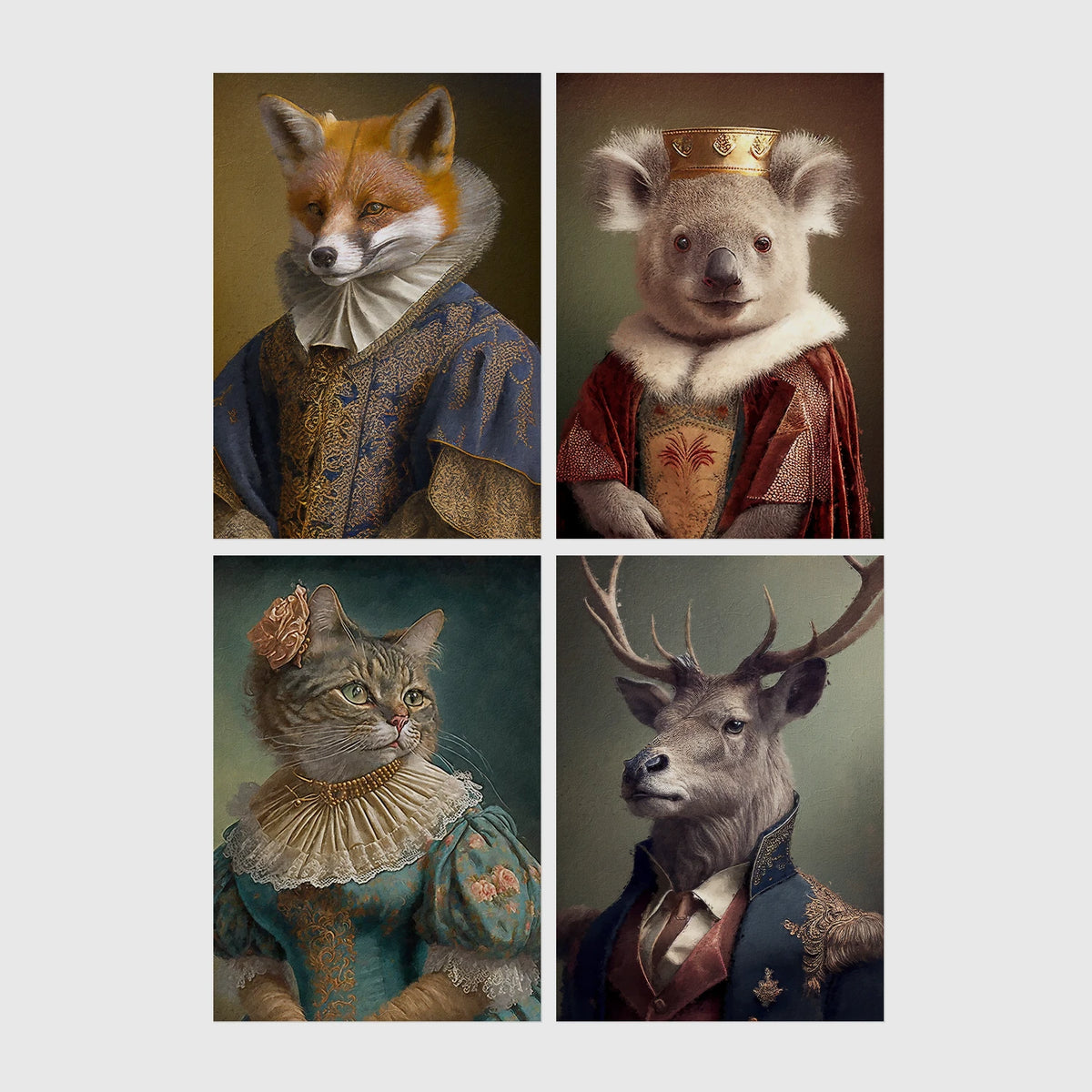 Set of 4 framed prints, animals in period noble dress: a fox in an Elizabethan ruff collar; a koala wearing a crown and royal robe; a tabby cat in a Renaissance lady's dress; and a stag in a blue military uniform — unframed