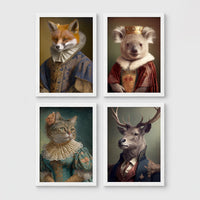Set of 4 framed prints, animals in period noble dress: a fox in an Elizabethan ruff collar; a koala wearing a crown and royal robe; a tabby cat in a Renaissance lady's dress; and a stag in a blue military uniform — unframed