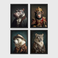 Set of 4 framed prints, animals in period/character dress: a hippo in a ruffled collar; a chimpanzee wearing a crown and royal robe; a polar bear dressed as a detective in hat and coat; and a snow leopard draped in a fur robe — unframed