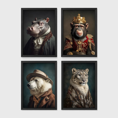 Set of 4 framed prints, animals in period/character dress: a hippo in a ruffled collar; a chimpanzee wearing a crown and royal robe; a polar bear dressed as a detective in hat and coat; and a snow leopard draped in a fur robe — unframed