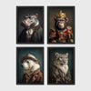 Set of 4 framed prints, animals in period/character dress: a hippo in a ruffled collar; a chimpanzee wearing a crown and royal robe; a polar bear dressed as a detective in hat and coat; and a snow leopard draped in a fur robe — unframed