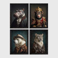 Set of 4 framed prints, animals in period/character dress: a hippo in a ruffled collar; a chimpanzee wearing a crown and royal robe; a polar bear dressed as a detective in hat and coat; and a snow leopard draped in a fur robe — unframed
