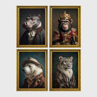 Set of 4 framed prints, animals in period/character dress: a hippo in a ruffled collar; a chimpanzee wearing a crown and royal robe; a polar bear dressed as a detective in hat and coat; and a snow leopard draped in a fur robe — unframed