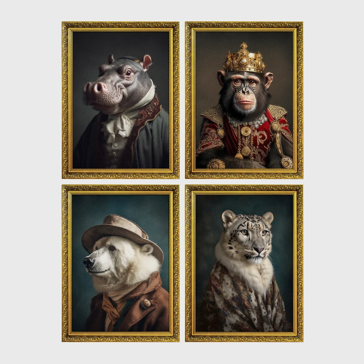 Set of 4 framed prints, animals in period/character dress: a hippo in a ruffled collar; a chimpanzee wearing a crown and royal robe; a polar bear dressed as a detective in hat and coat; and a snow leopard draped in a fur robe — unframed
