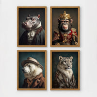 Set of 4 framed prints, animals in period/character dress: a hippo in a ruffled collar; a chimpanzee wearing a crown and royal robe; a polar bear dressed as a detective in hat and coat; and a snow leopard draped in a fur robe — unframed