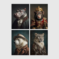 Set of 4 framed prints, animals in period/character dress: a hippo in a ruffled collar; a chimpanzee wearing a crown and royal robe; a polar bear dressed as a detective in hat and coat; and a snow leopard draped in a fur robe — unframed