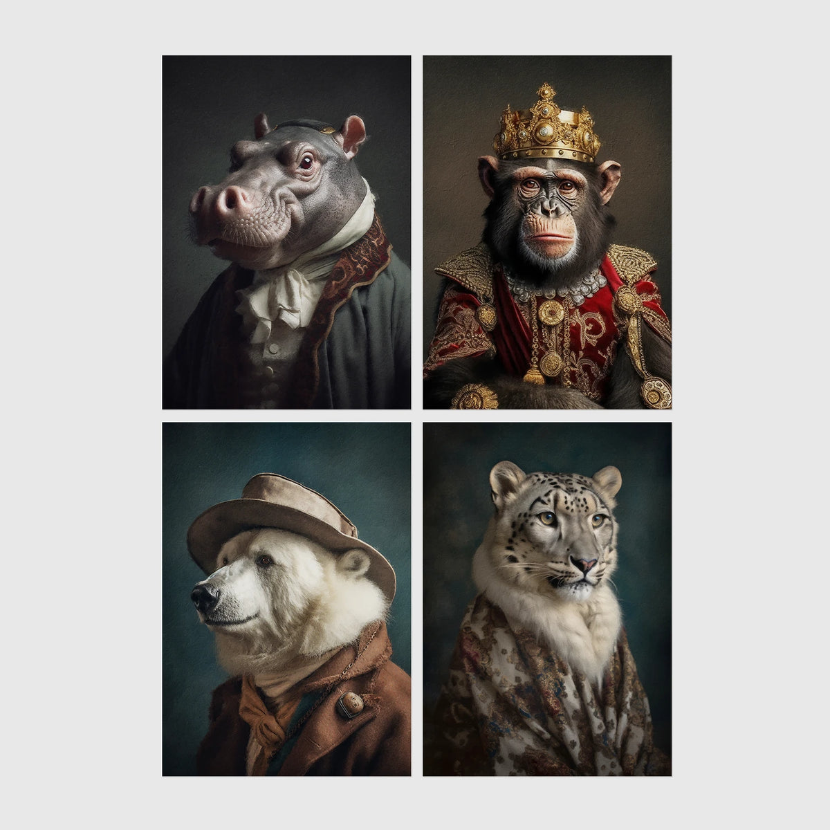 Set of 4 framed prints, animals in period/character dress: a hippo in a ruffled collar; a chimpanzee wearing a crown and royal robe; a polar bear dressed as a detective in hat and coat; and a snow leopard draped in a fur robe — unframed