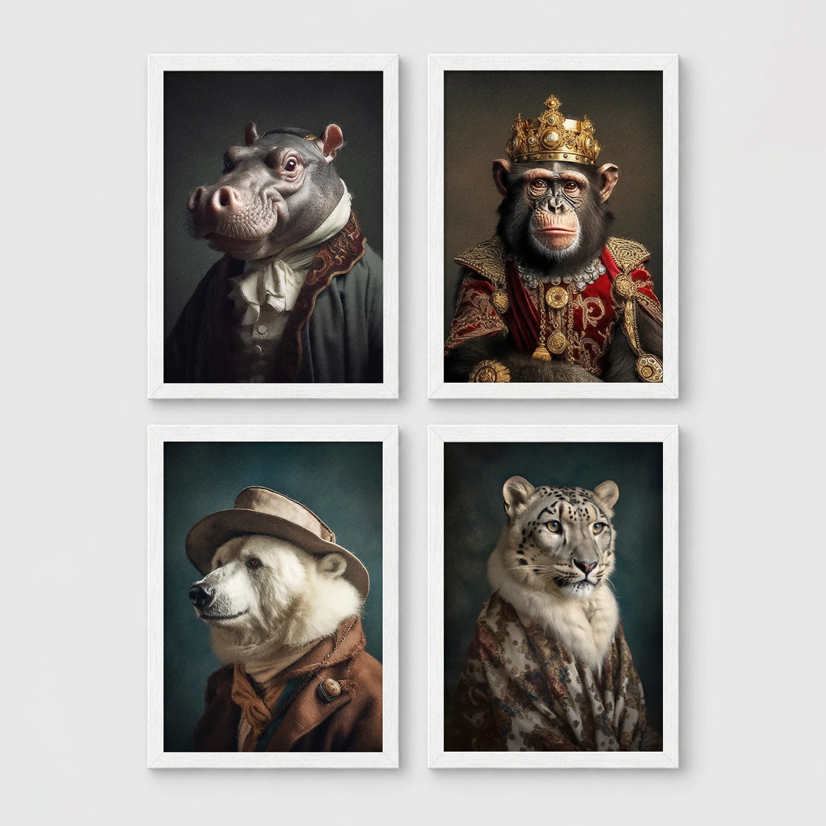 Set of 4 framed prints, animals in period/character dress: a hippo in a ruffled collar; a chimpanzee wearing a crown and royal robe; a polar bear dressed as a detective in hat and coat; and a snow leopard draped in a fur robe — unframed