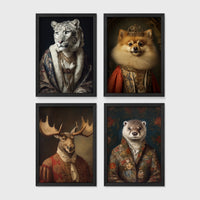 Set of 4 framed prints, animals in period noble dress: a snow leopard in a blue royal robe; a crowned Pomeranian in royal dress; a moose in a red velvet military collar; and an otter in a floral jacket — unframed