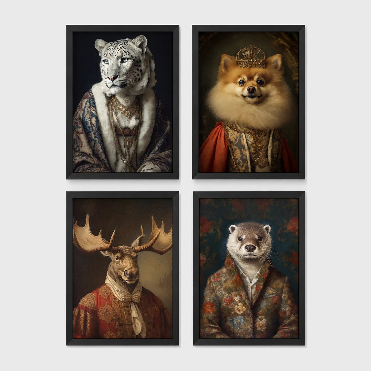Set of 4 framed prints, animals in period noble dress: a snow leopard in a blue royal robe; a crowned Pomeranian in royal dress; a moose in a red velvet military collar; and an otter in a floral jacket — unframed