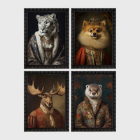 Set of 4 framed prints, animals in period noble dress: a snow leopard in a blue royal robe; a crowned Pomeranian in royal dress; a moose in a red velvet military collar; and an otter in a floral jacket — unframed