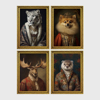 Set of 4 framed prints, animals in period noble dress: a snow leopard in a blue royal robe; a crowned Pomeranian in royal dress; a moose in a red velvet military collar; and an otter in a floral jacket — unframed