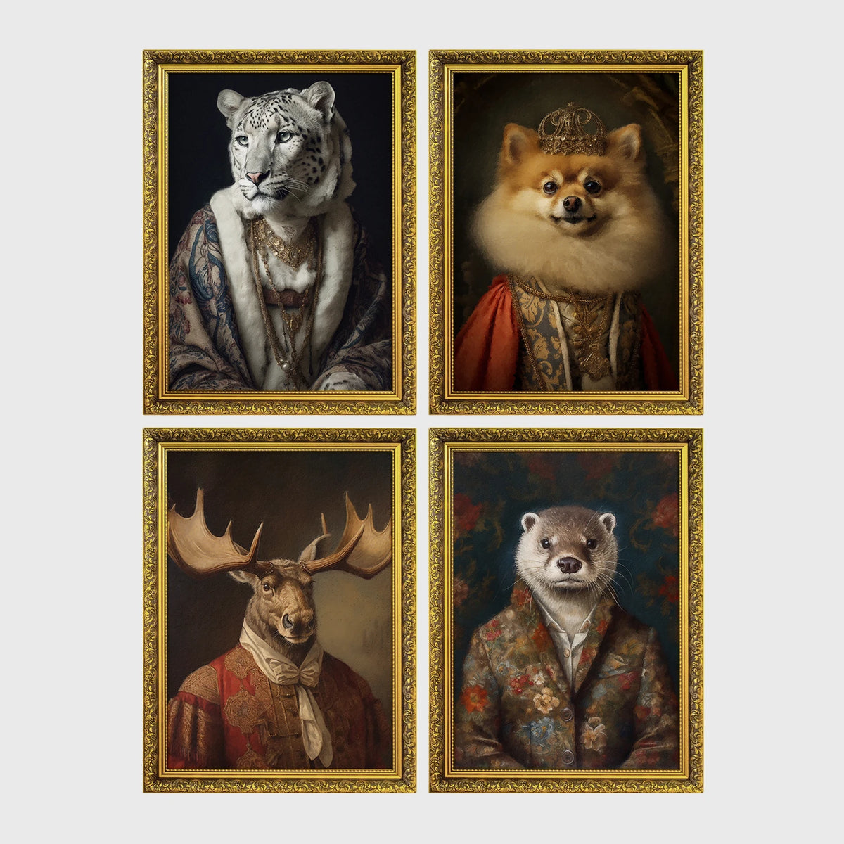 Set of 4 framed prints, animals in period noble dress: a snow leopard in a blue royal robe; a crowned Pomeranian in royal dress; a moose in a red velvet military collar; and an otter in a floral jacket — unframed
