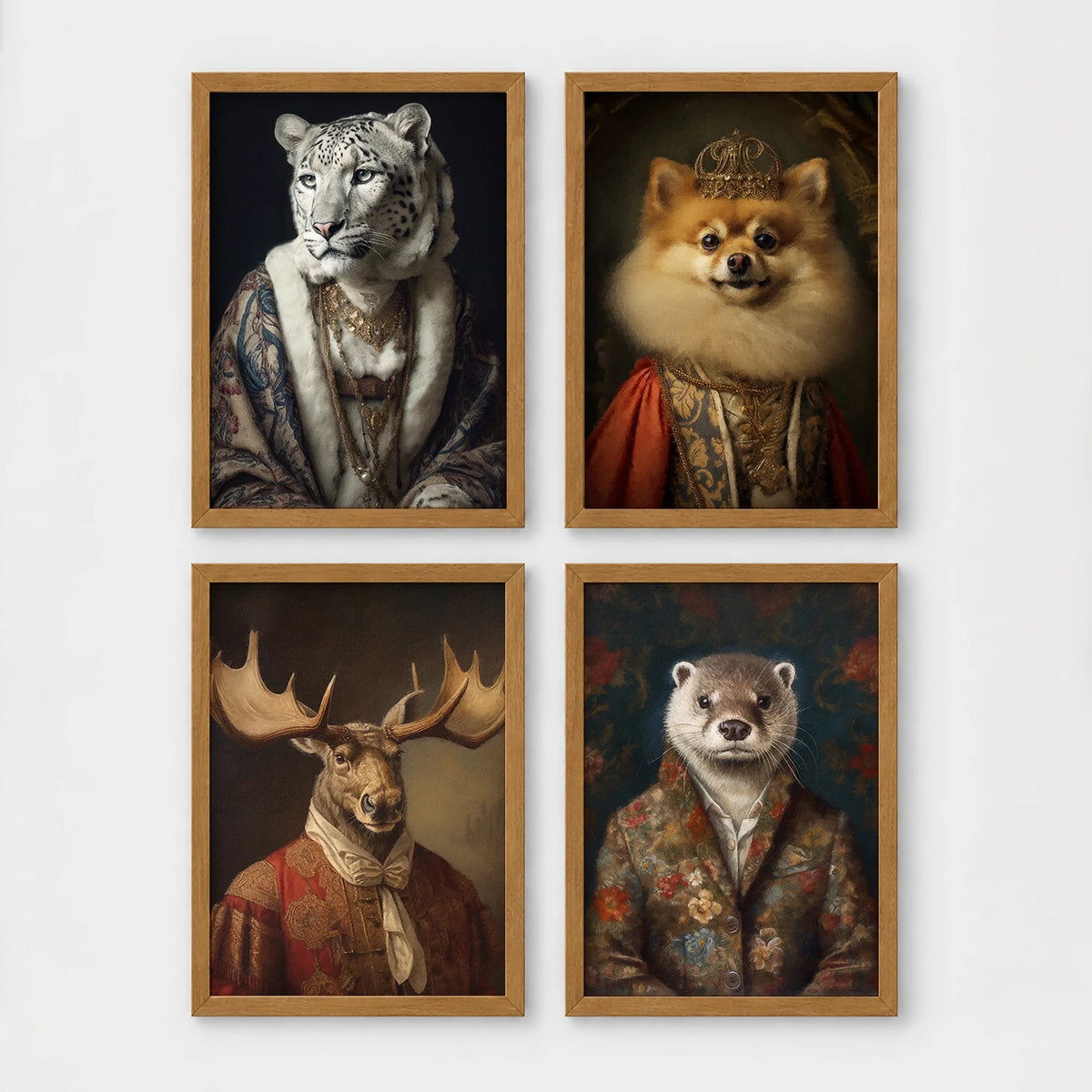 Set of 4 framed prints, animals in period noble dress: a snow leopard in a blue royal robe; a crowned Pomeranian in royal dress; a moose in a red velvet military collar; and an otter in a floral jacket — unframed