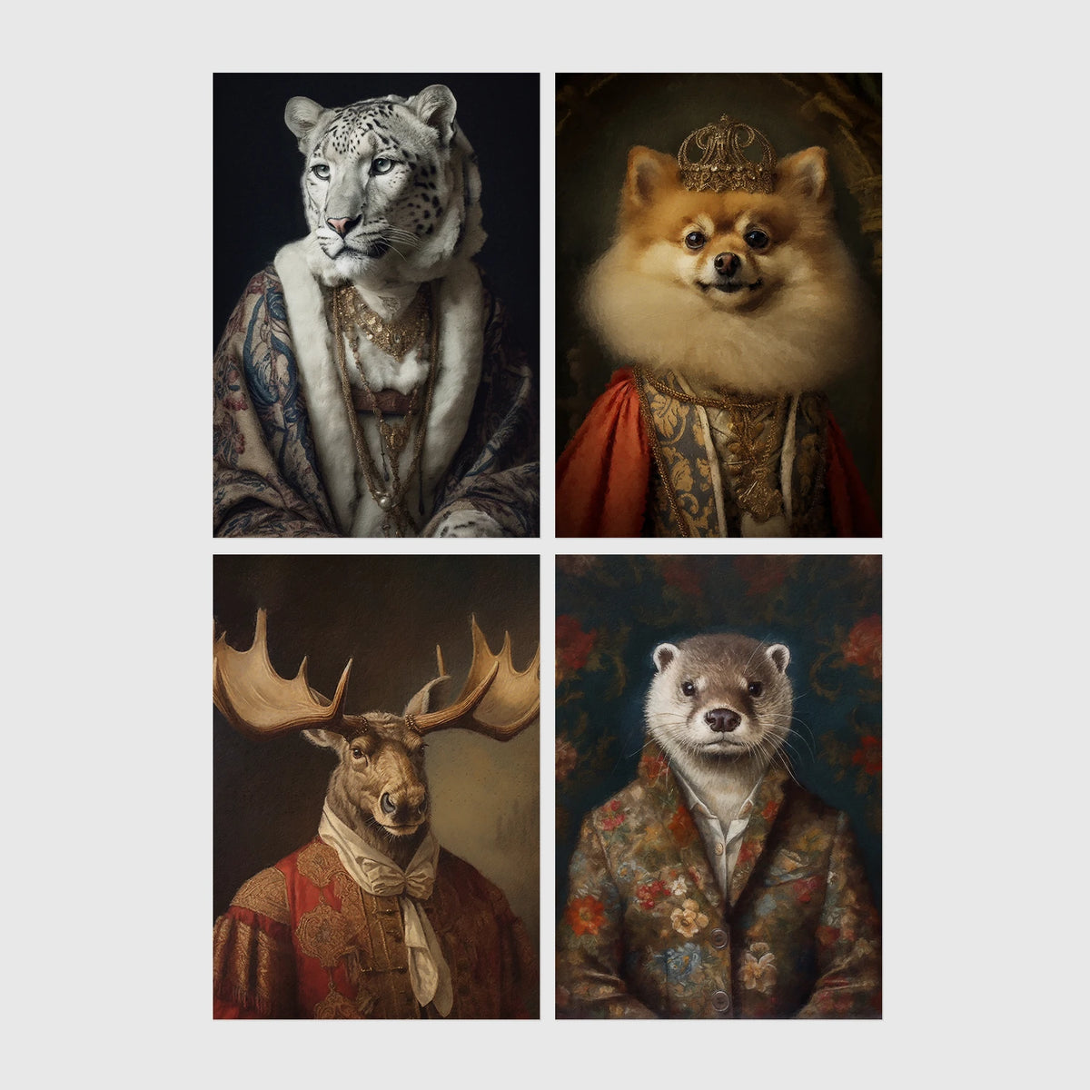 Set of 4 framed prints, animals in period noble dress: a snow leopard in a blue royal robe; a crowned Pomeranian in royal dress; a moose in a red velvet military collar; and an otter in a floral jacket — unframed
