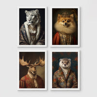 Set of 4 framed prints, animals in period noble dress: a snow leopard in a blue royal robe; a crowned Pomeranian in royal dress; a moose in a red velvet military collar; and an otter in a floral jacket — unframed