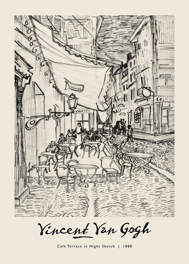 Vincent Van Gogh Pencil Sketch Poster Cafe Terrace 1888 – InkAndDrop