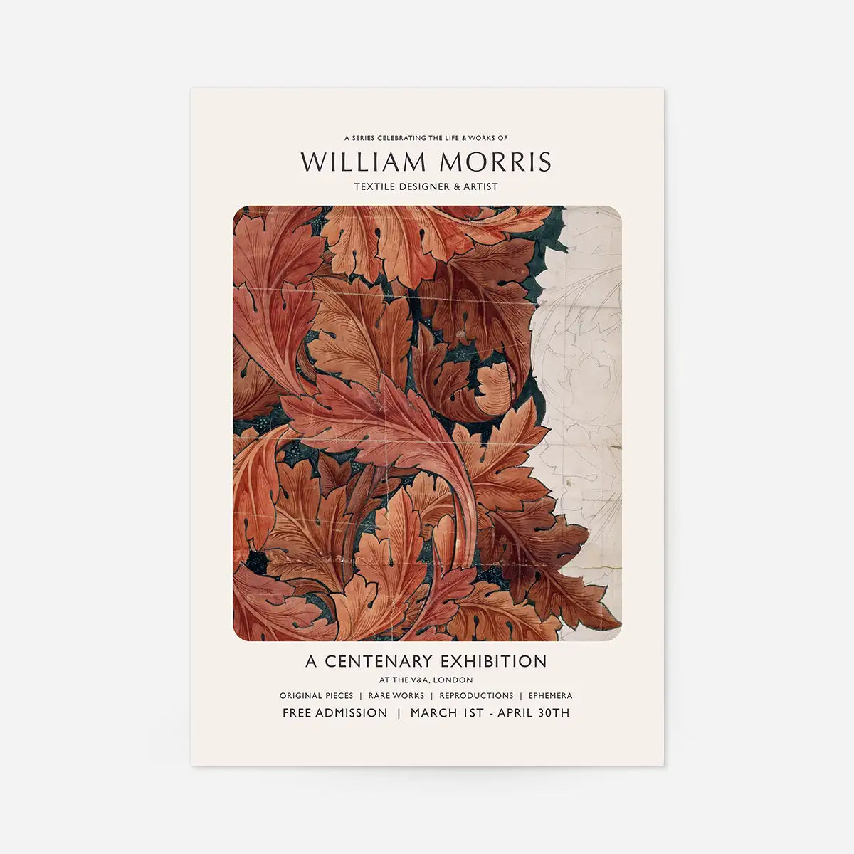 William Morris Leaves Sketch centenary exhibition poster