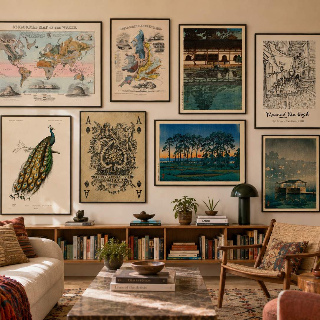 A styled living room featuring a gallery wall of eight framed vintage-style prints and posters, including maps, a peacock illustration, playing cards, and landscape scenes, above a bookshelf and sofa.