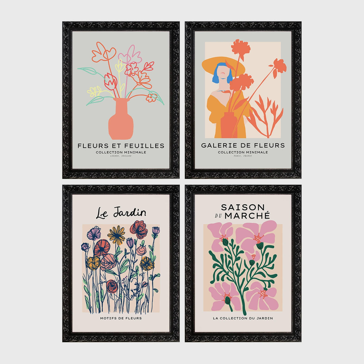 Set of 4 framed prints, pop art and vintage-poster mix: a Warhol-style pop art skull in orange on blue; an "L'atelier des Fleurs" floral botanical poster; a "Welcome To The Freak Show" vintage floral circus poster; and a still life with a skull and jar, overlaid with colourful polka dots — unframed