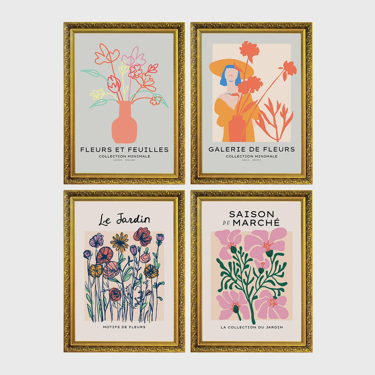 Set of 4 framed prints, pop art and vintage-poster mix: a Warhol-style pop art skull in orange on blue; an "L'atelier des Fleurs" floral botanical poster; a "Welcome To The Freak Show" vintage floral circus poster; and a still life with a skull and jar, overlaid with colourful polka dots — unframed