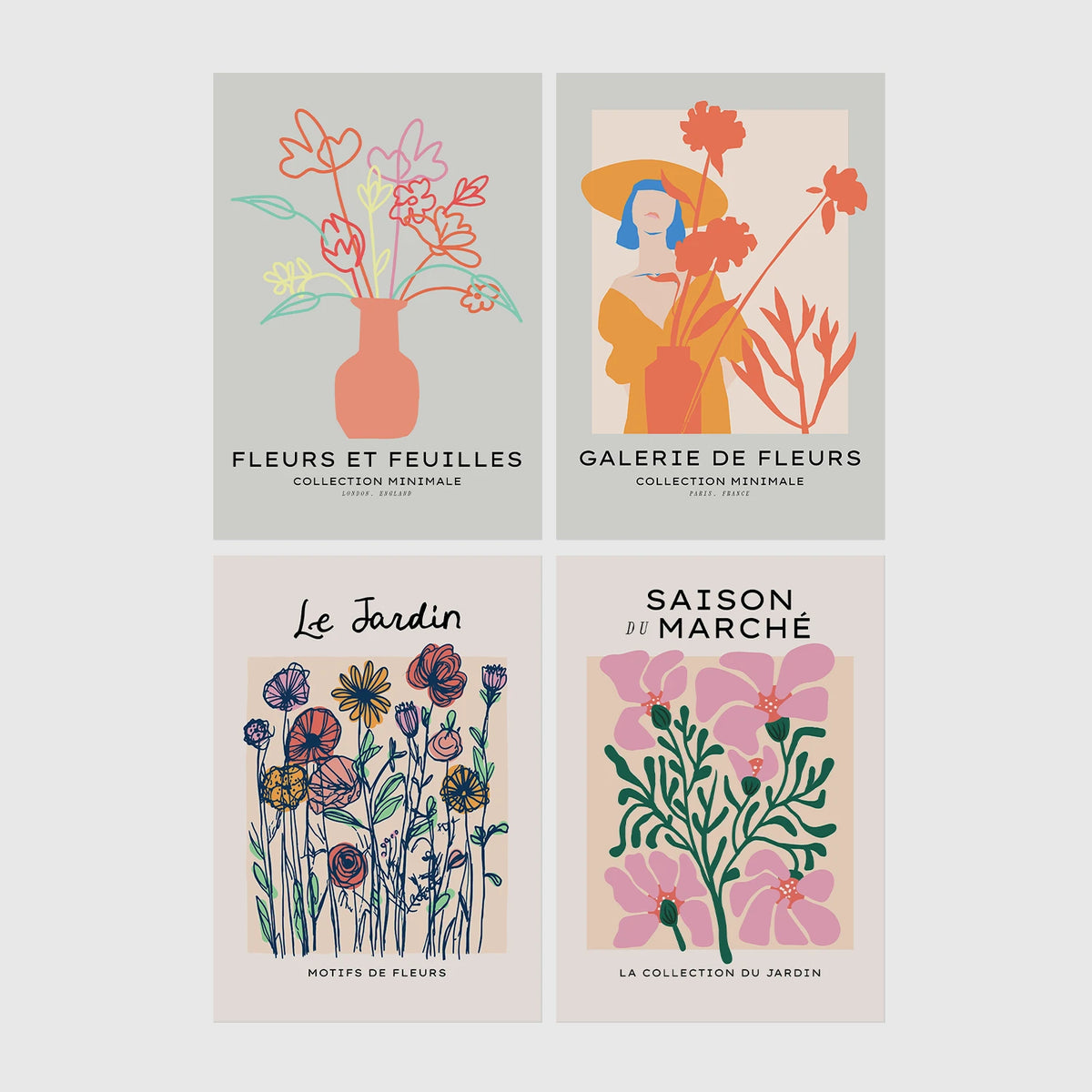 Set of 4 framed prints, pop art and vintage-poster mix: a Warhol-style pop art skull in orange on blue; an "L'atelier des Fleurs" floral botanical poster; a "Welcome To The Freak Show" vintage floral circus poster; and a still life with a skull and jar, overlaid with colourful polka dots — unframed