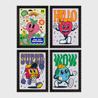 Set of 4 framed prints, retro groovy cartoon mascot illustrations: a smiling peach/apple mascot character with "You Are Awesome" text; a heart-shaped mascot character saying "Hello"; a boombox mascot character with "Super" text; and a globe mascot character with "Wow" text — unframed