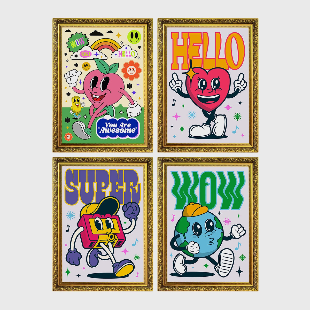 Set of 4 framed prints, retro groovy cartoon mascot illustrations: a smiling peach/apple mascot character with "You Are Awesome" text; a heart-shaped mascot character saying "Hello"; a boombox mascot character with "Super" text; and a globe mascot character with "Wow" text — unframed